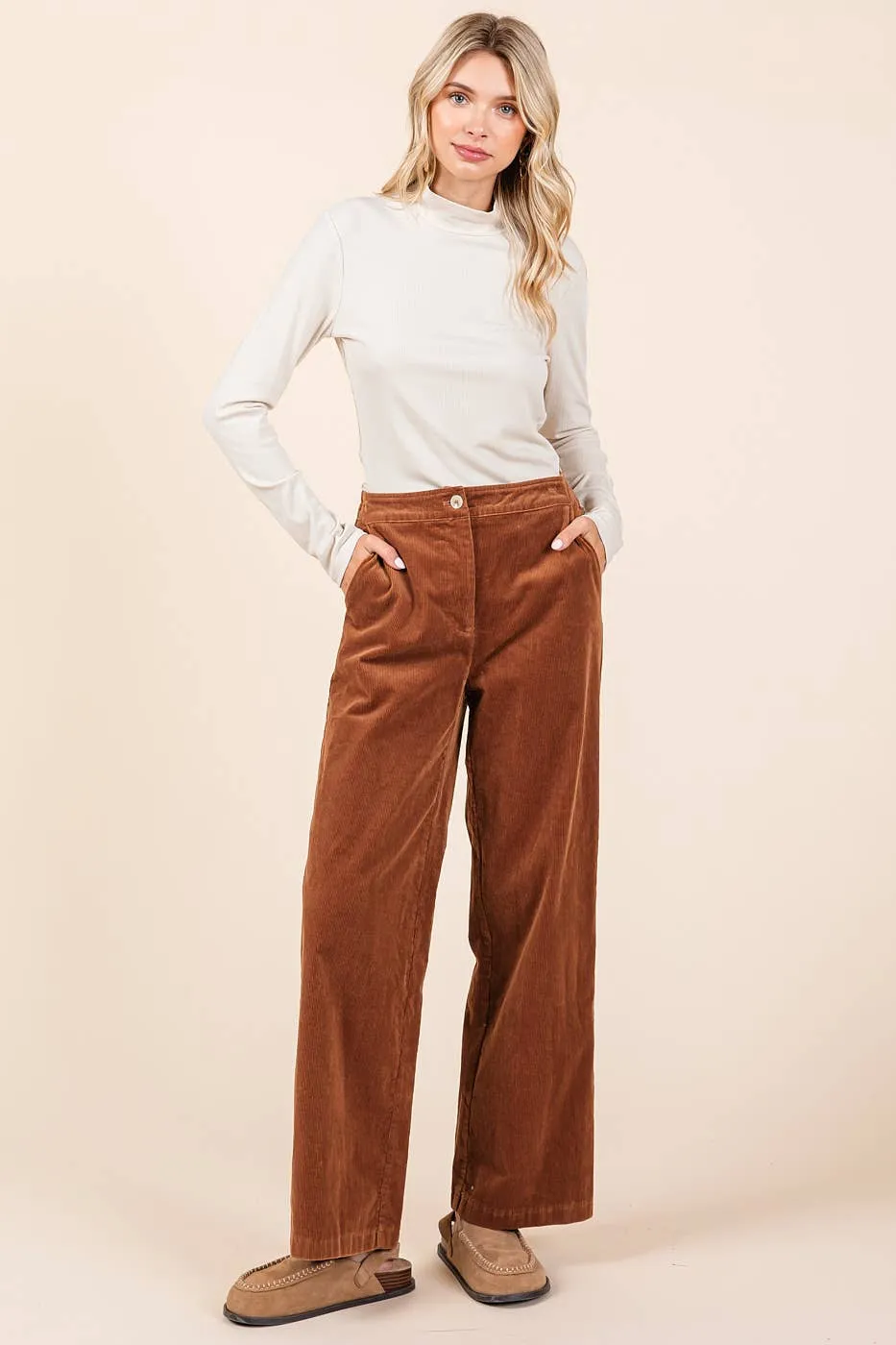Olive Corduroy Semi WIde Leg Elastic Waist Pants