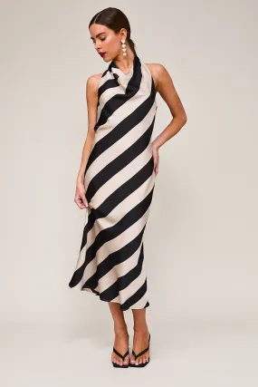 "November Wedding" Satin Black & Taupe Striped Cowl Neck Halter Midi Dress
