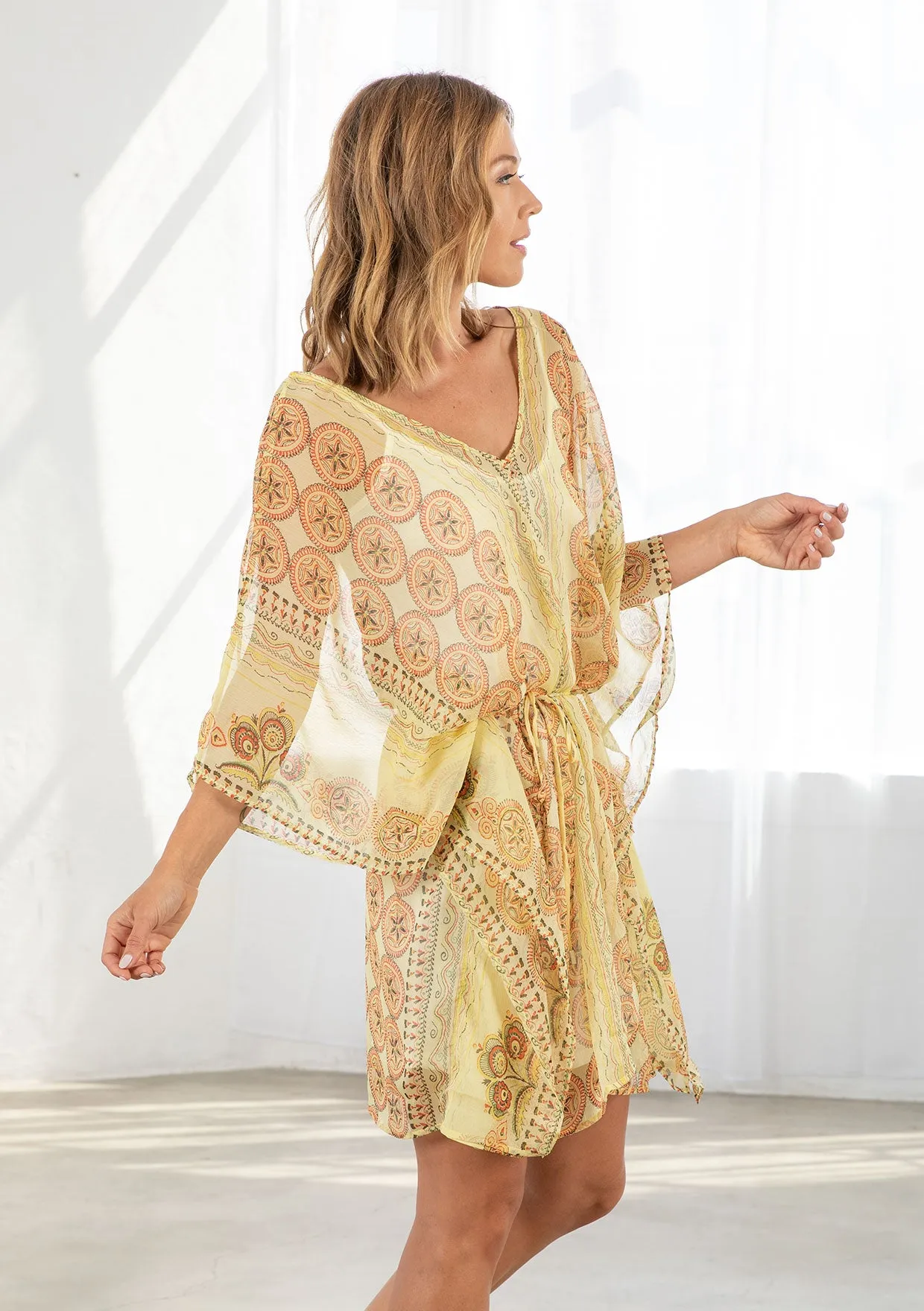 Sheer Circle Tapestry Print Loose Fit Tunic Dress