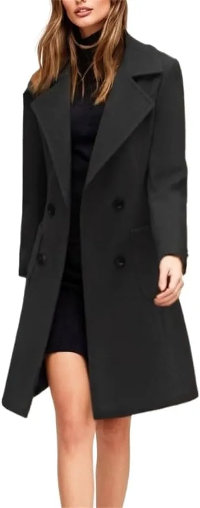 Sorrica Women's Elegant Notched Lapel Double Breasted Mid-Long Wool Blend Trench Coat Outwear