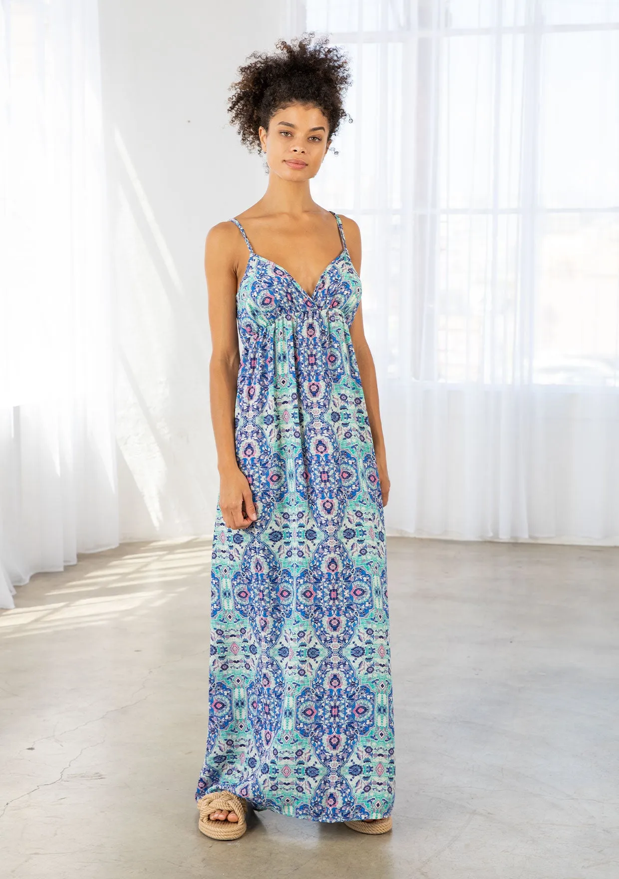 Stained Glass Print Plunge Double Strap Maxi Dress