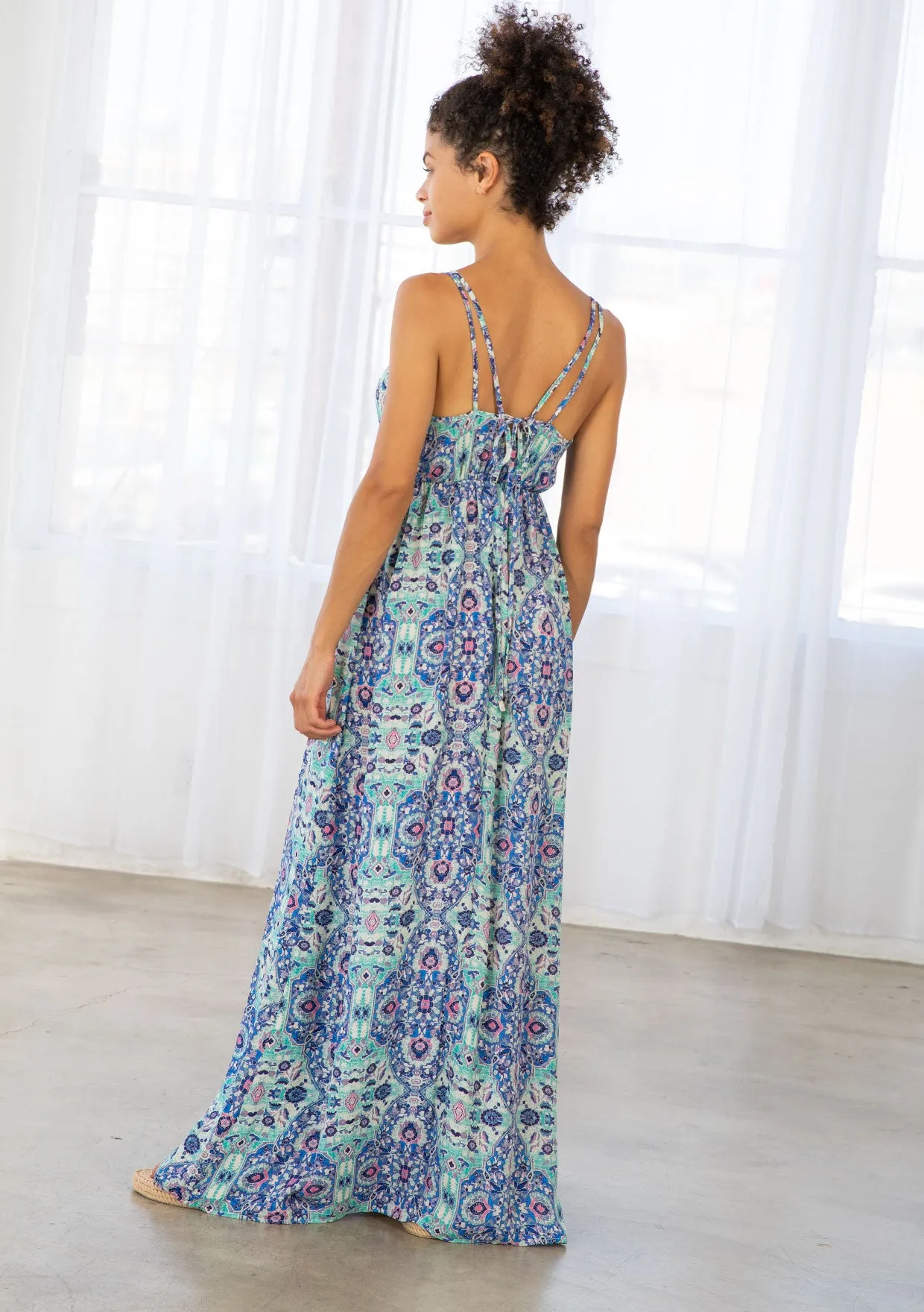 Stained Glass Print Plunge Double Strap Maxi Dress