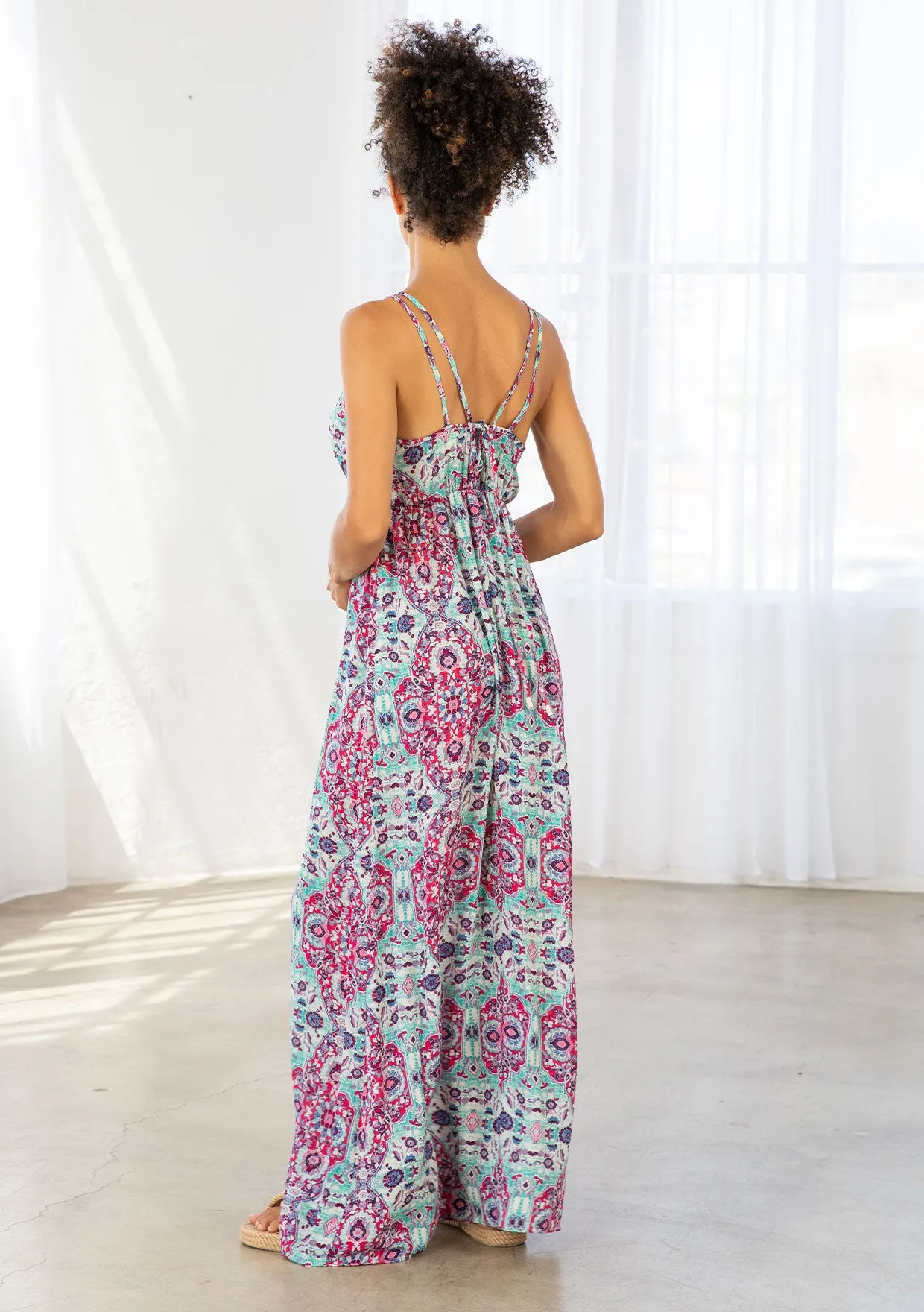 Stained Glass Print Plunge Double Strap Maxi Dress