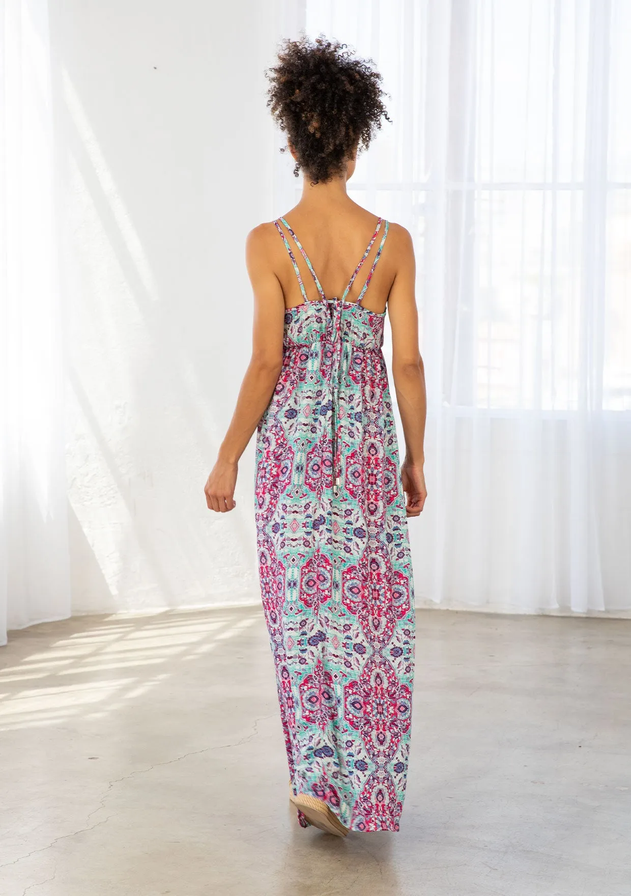 Stained Glass Print Plunge Double Strap Maxi Dress