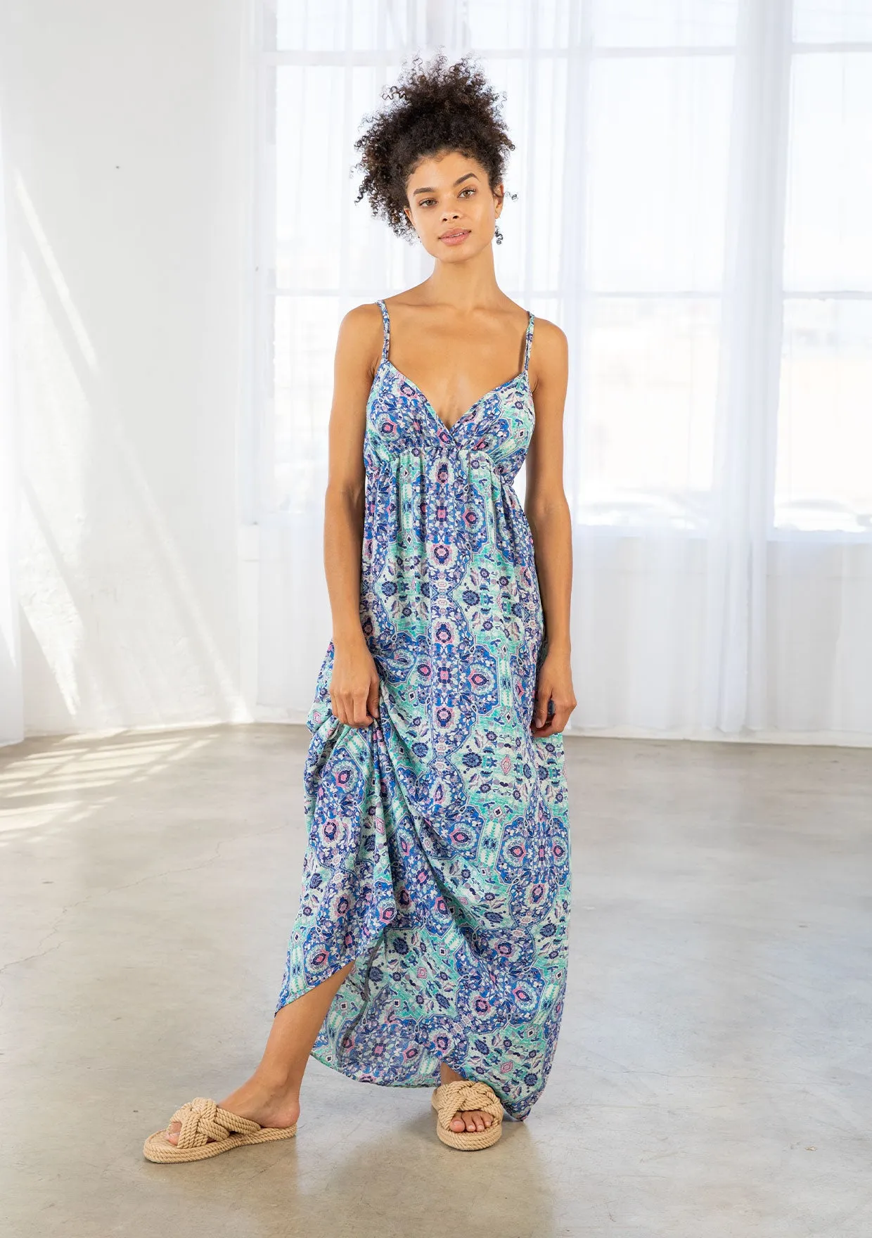 Stained Glass Print Plunge Double Strap Maxi Dress