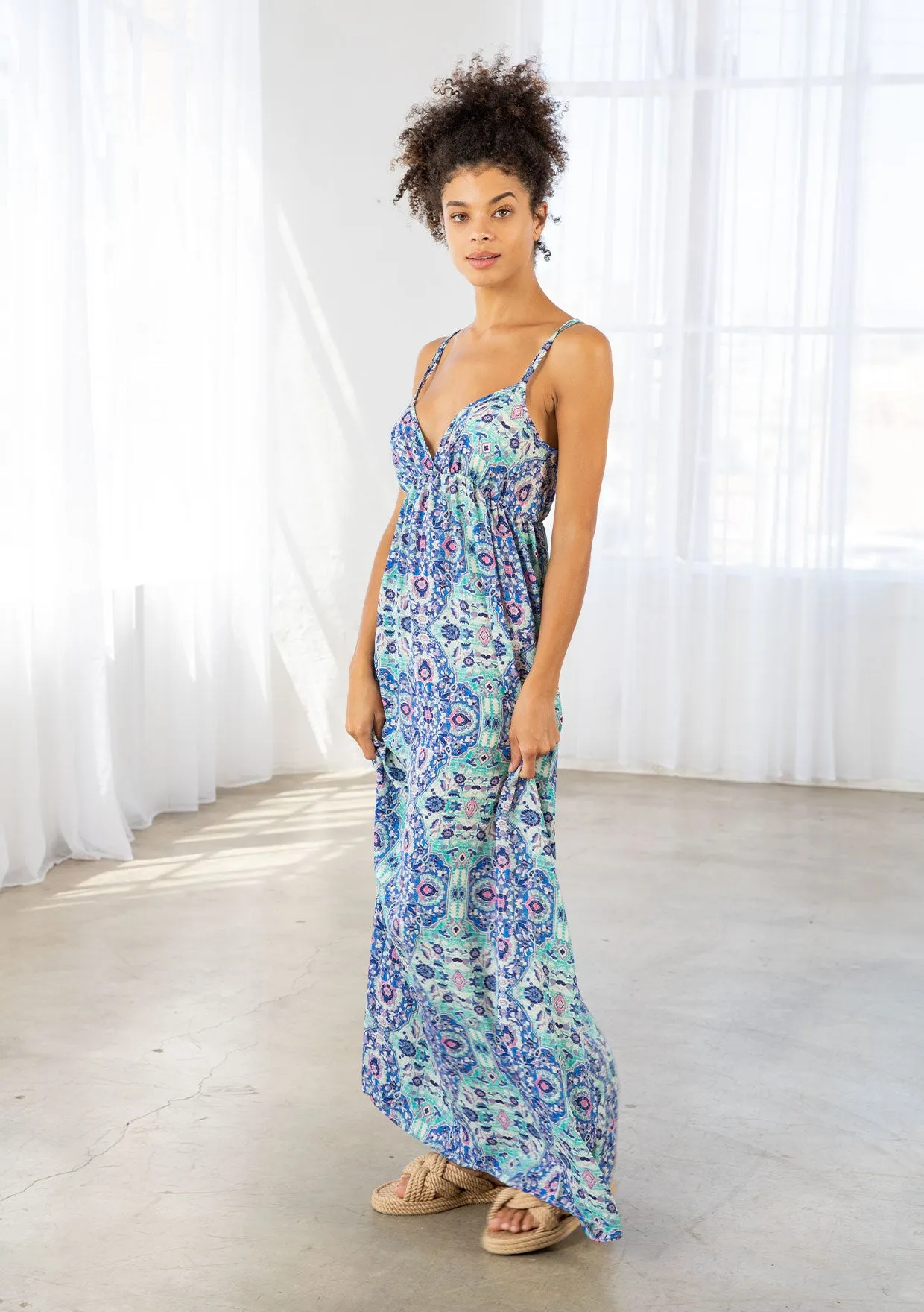 Stained Glass Print Plunge Double Strap Maxi Dress