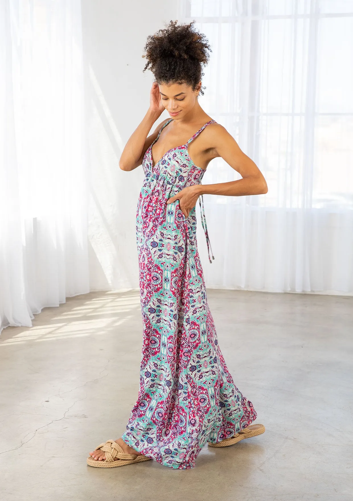 Stained Glass Print Plunge Double Strap Maxi Dress
