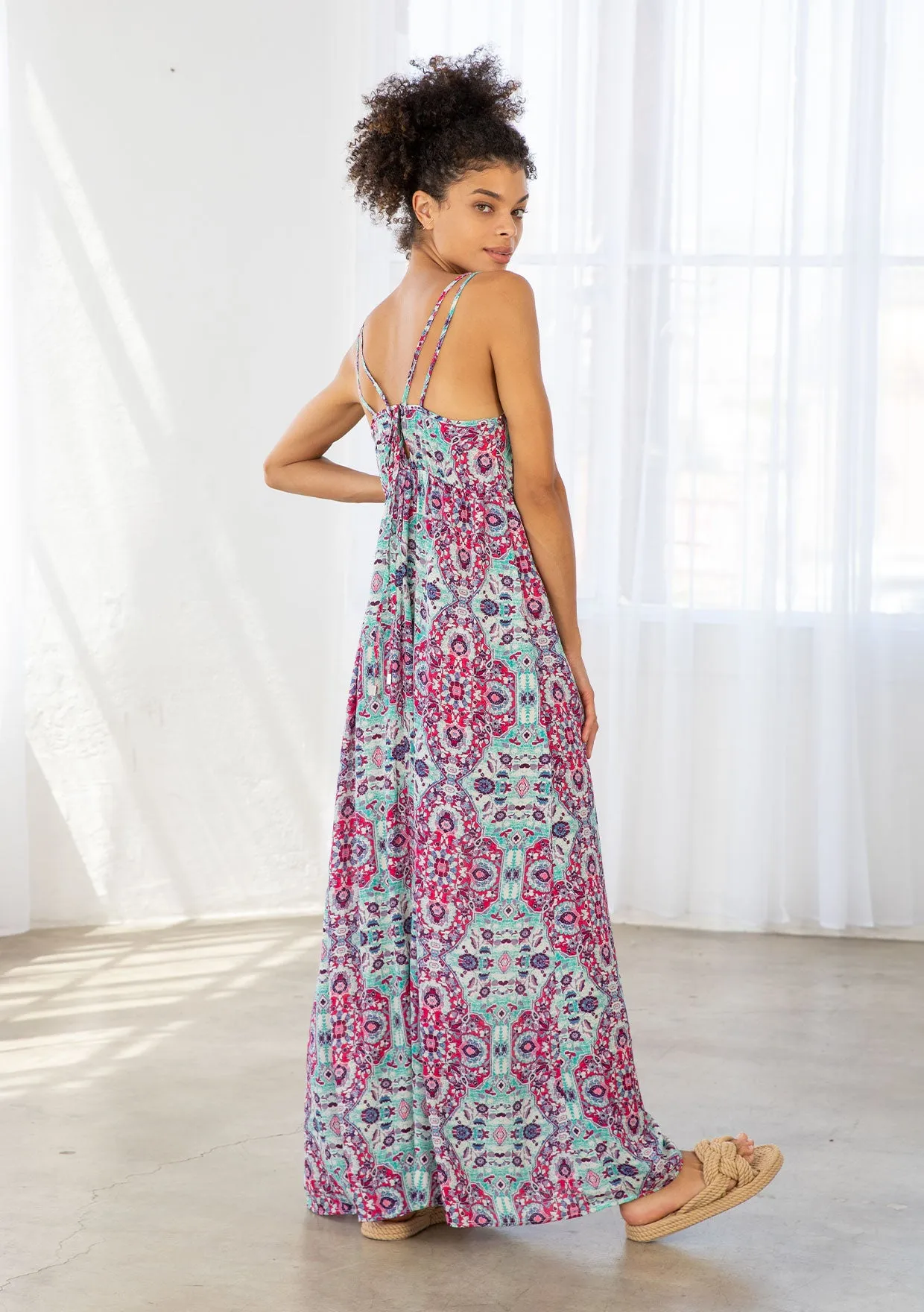 Stained Glass Print Plunge Double Strap Maxi Dress