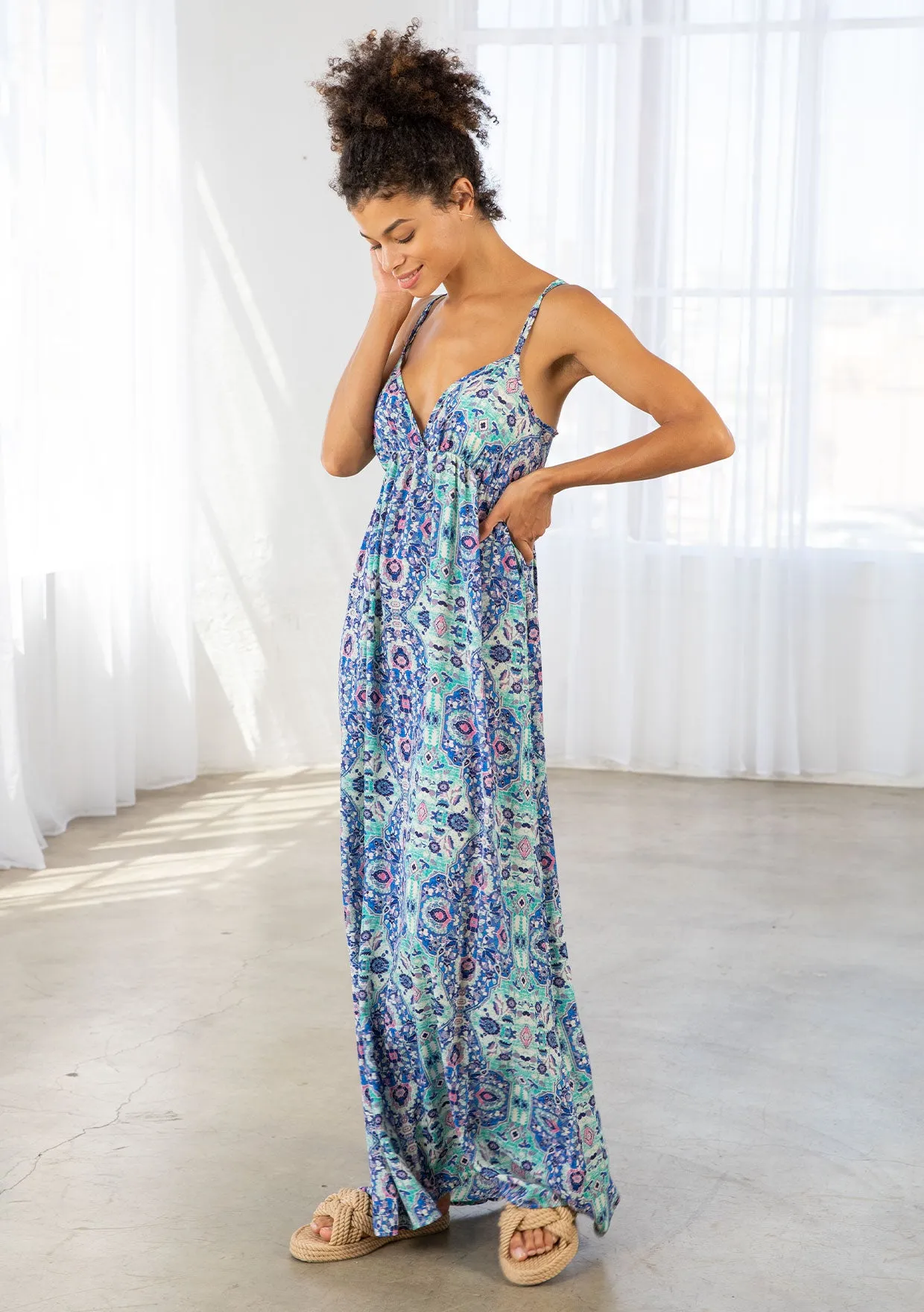 Stained Glass Print Plunge Double Strap Maxi Dress