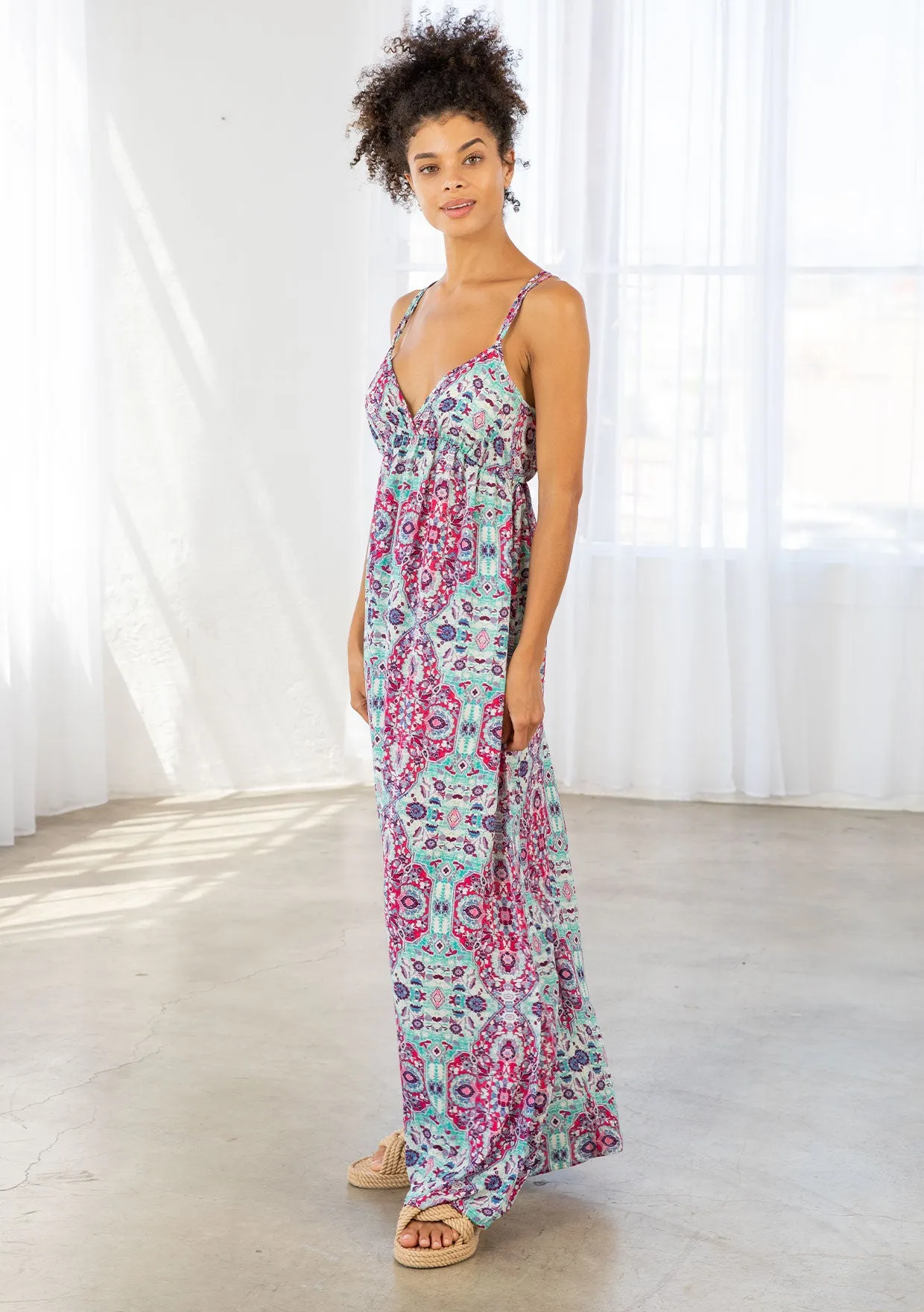 Stained Glass Print Plunge Double Strap Maxi Dress