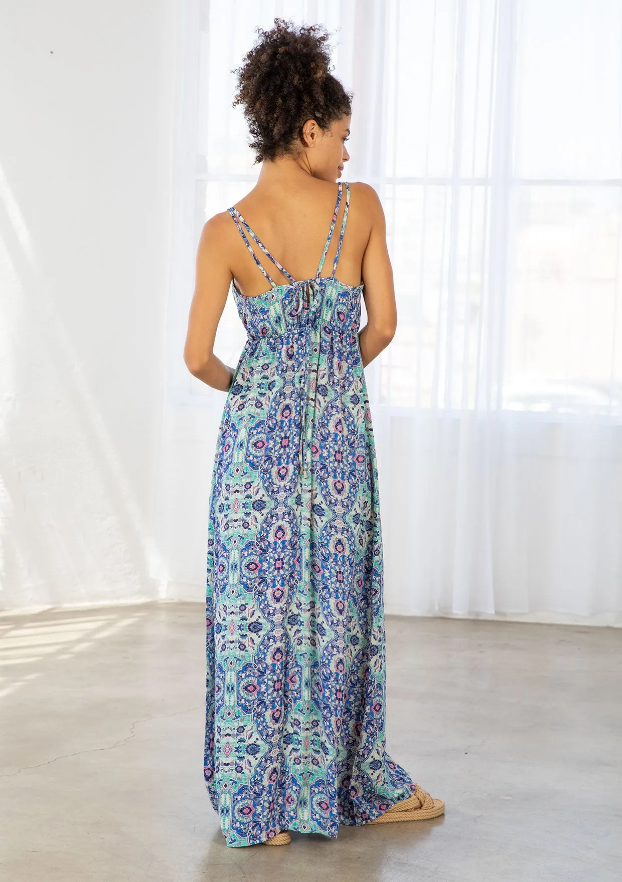 Stained Glass Print Plunge Double Strap Maxi Dress