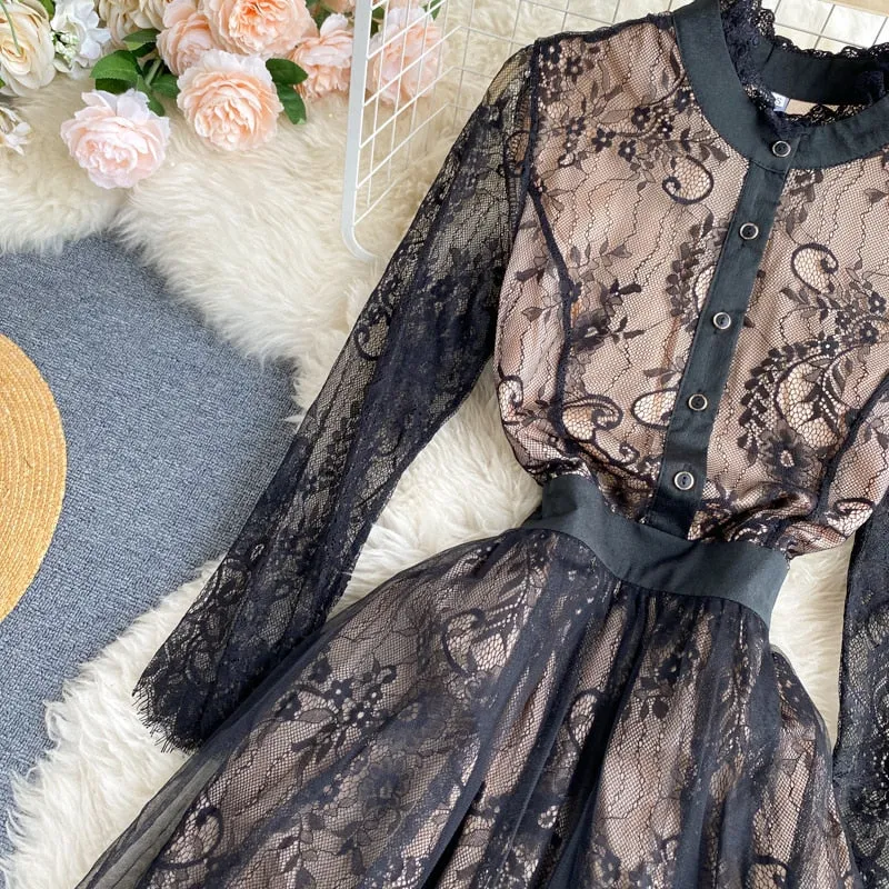 Vintage Dress, Boho Midi Dress, Lace Party Dress, Gown, Rosalie in Midnight Black