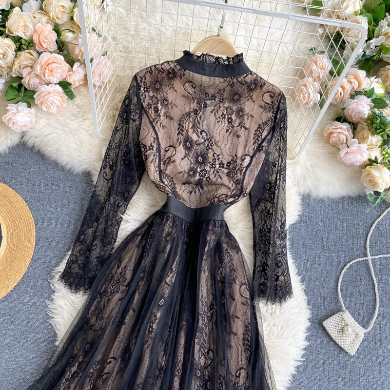 Vintage Dress, Boho Midi Dress, Lace Party Dress, Gown, Rosalie in Midnight Black