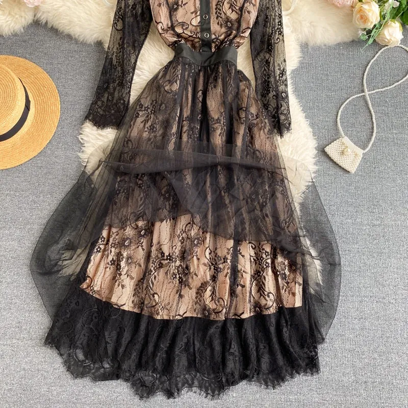 Vintage Dress, Boho Midi Dress, Lace Party Dress, Gown, Rosalie in Midnight Black