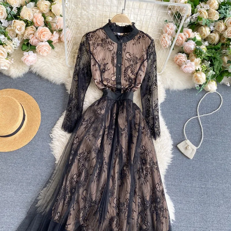 Vintage Dress, Boho Midi Dress, Lace Party Dress, Gown, Rosalie in Midnight Black