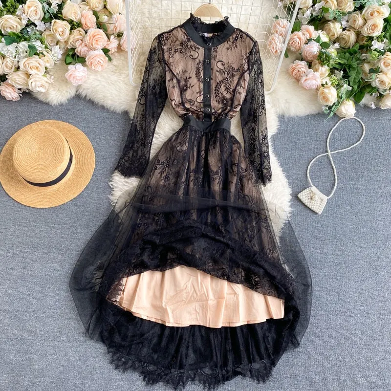 Vintage Dress, Boho Midi Dress, Lace Party Dress, Gown, Rosalie in Midnight Black
