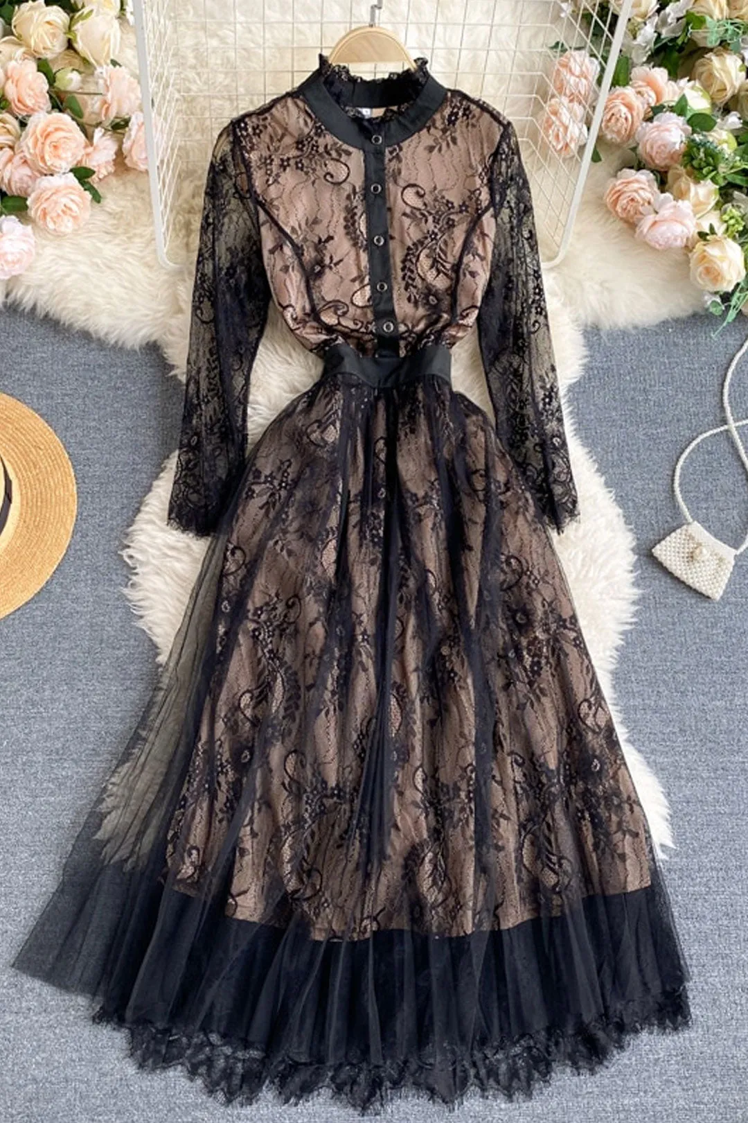Vintage Dress, Boho Midi Dress, Lace Party Dress, Gown, Rosalie in Midnight Black