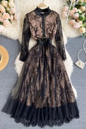 Vintage Dress, Boho Midi Dress, Lace Party Dress, Gown, Rosalie in Midnight Black