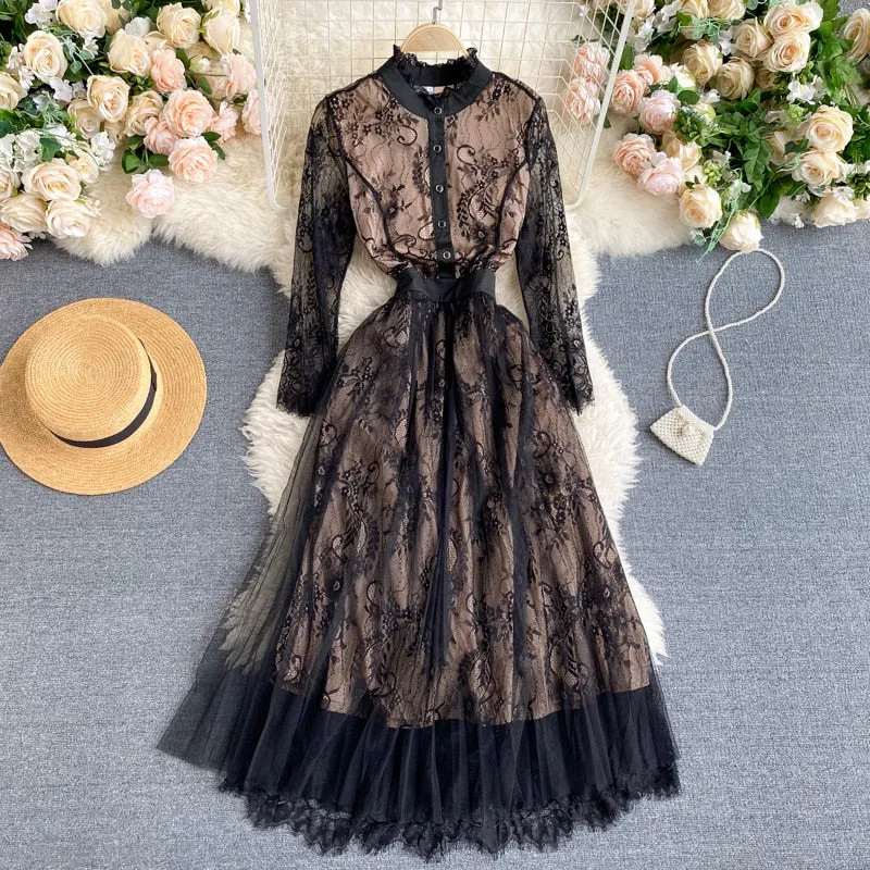 Vintage Dress, Boho Midi Dress, Lace Party Dress, Gown, Rosalie in Midnight Black