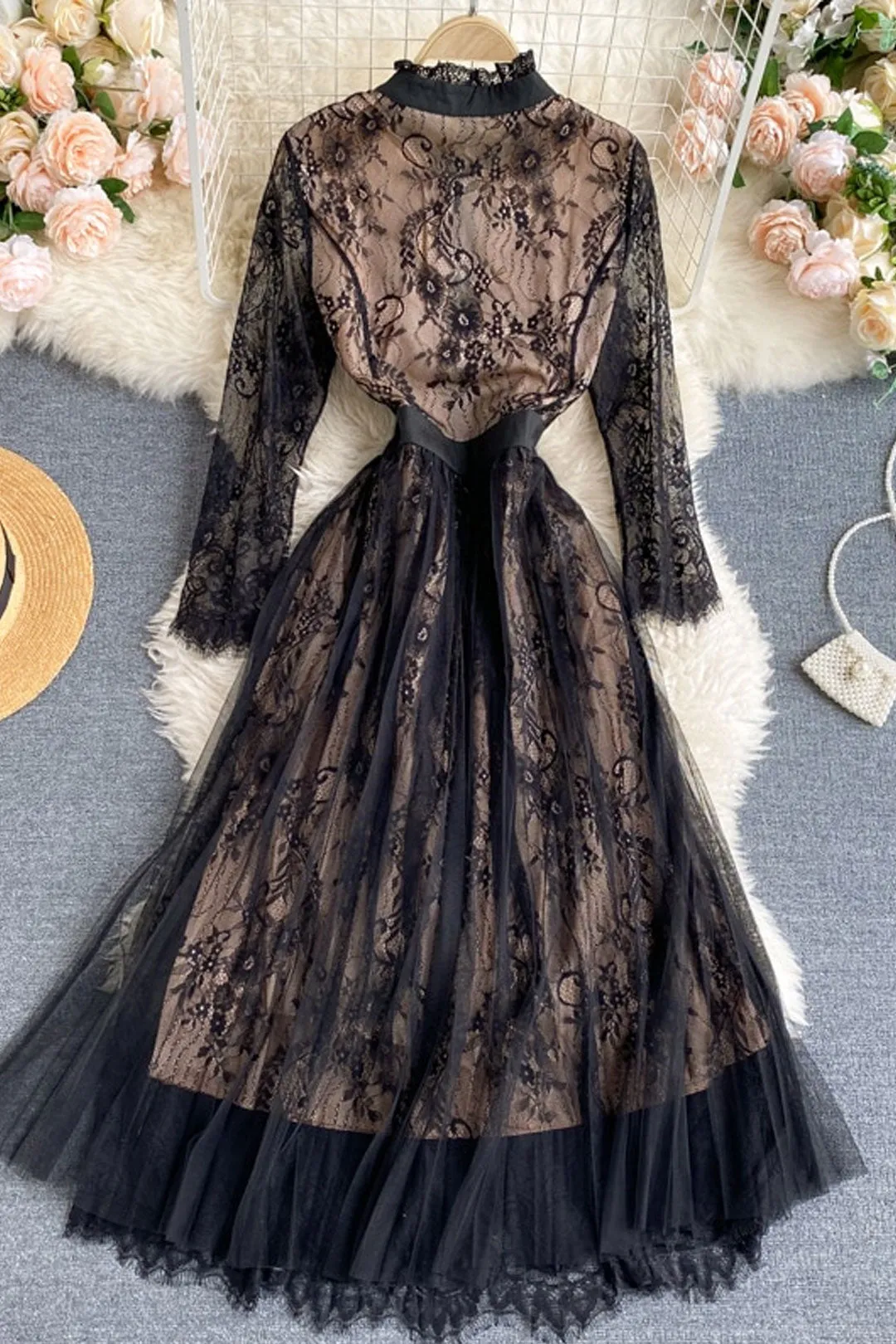 Vintage Dress, Boho Midi Dress, Lace Party Dress, Gown, Rosalie in Midnight Black