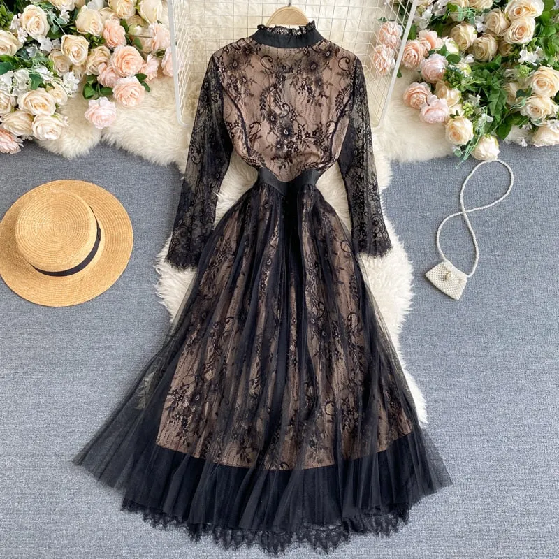 Vintage Dress, Boho Midi Dress, Lace Party Dress, Gown, Rosalie in Midnight Black
