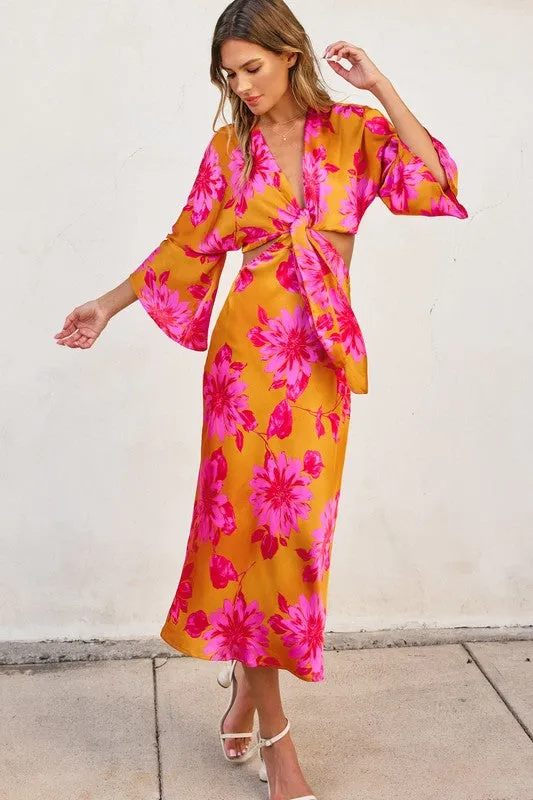 Waitlist 3/5 ♥ Hannah Kimono Sleeve Floral Print Cut Out Midi Dress Orange