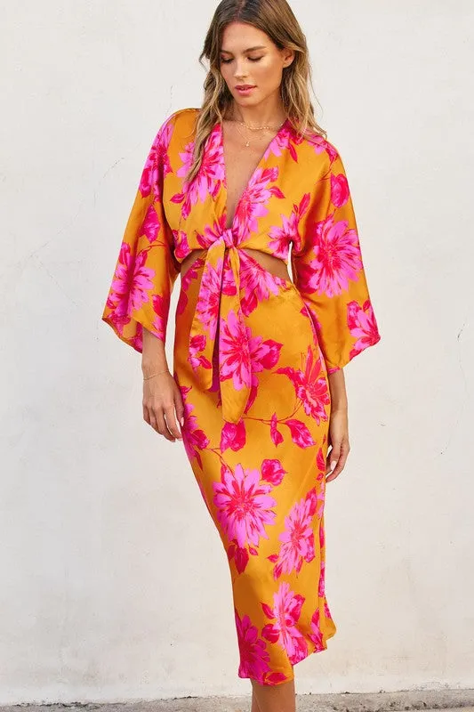 Waitlist 3/5 ♥ Hannah Kimono Sleeve Floral Print Cut Out Midi Dress Orange