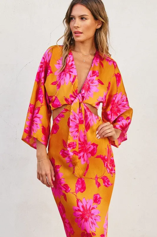 Waitlist 3/5 ♥ Hannah Kimono Sleeve Floral Print Cut Out Midi Dress Orange