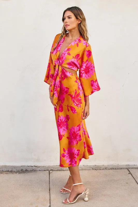 Waitlist 3/5 ♥ Hannah Kimono Sleeve Floral Print Cut Out Midi Dress Orange
