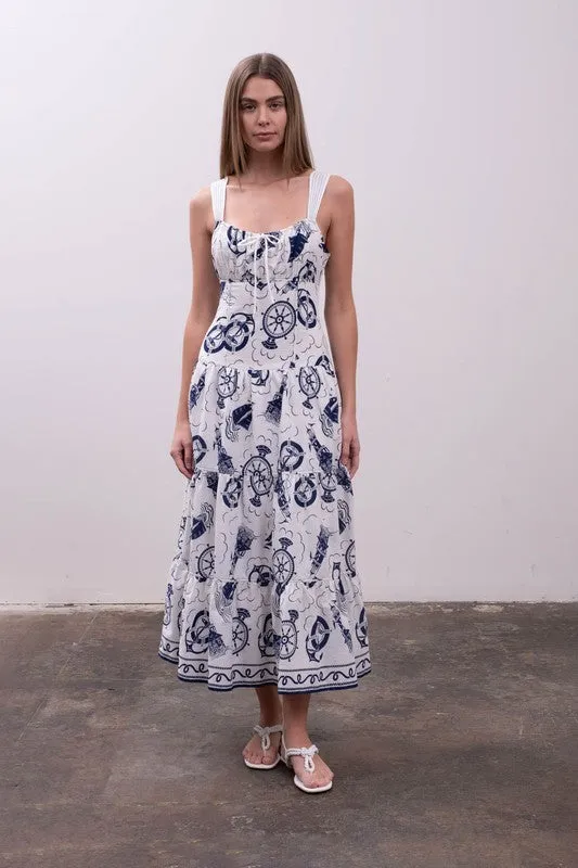Waitlist 4/5 ♥ Liz Sleeveless Sailor Print Tiered Midi Dress White