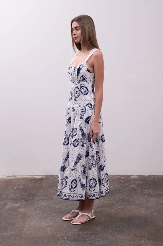 Waitlist 4/5 ♥ Liz Sleeveless Sailor Print Tiered Midi Dress White