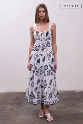 Waitlist 4/5 ♥ Liz Sleeveless Sailor Print Tiered Midi Dress White