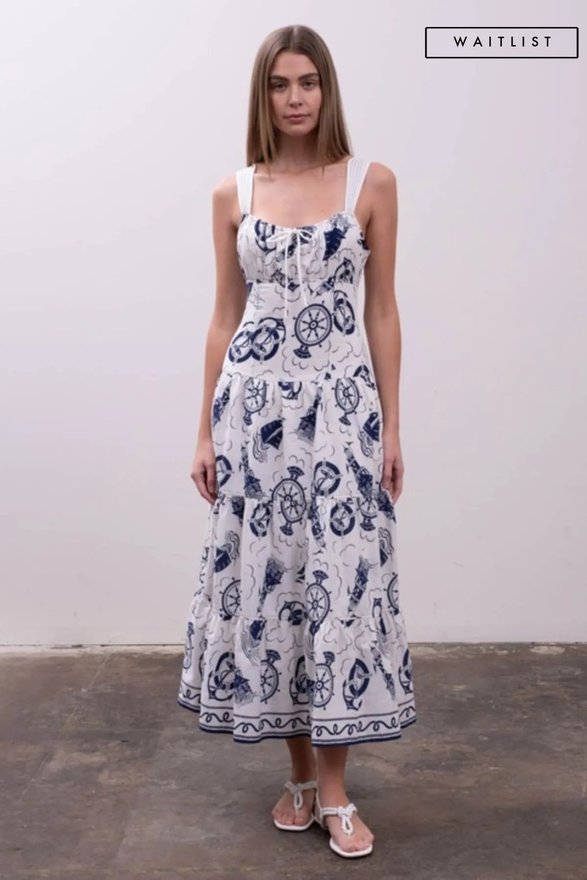 Waitlist 4/5 ♥ Liz Sleeveless Sailor Print Tiered Midi Dress White