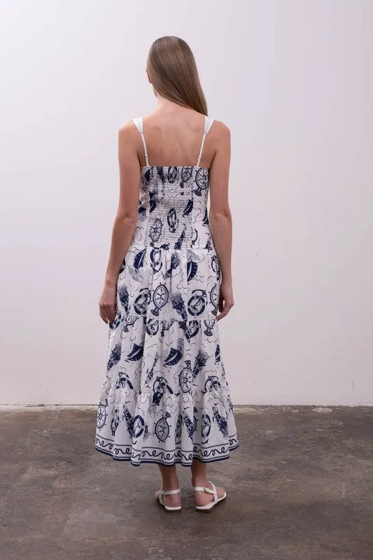 Waitlist 4/5 ♥ Liz Sleeveless Sailor Print Tiered Midi Dress White