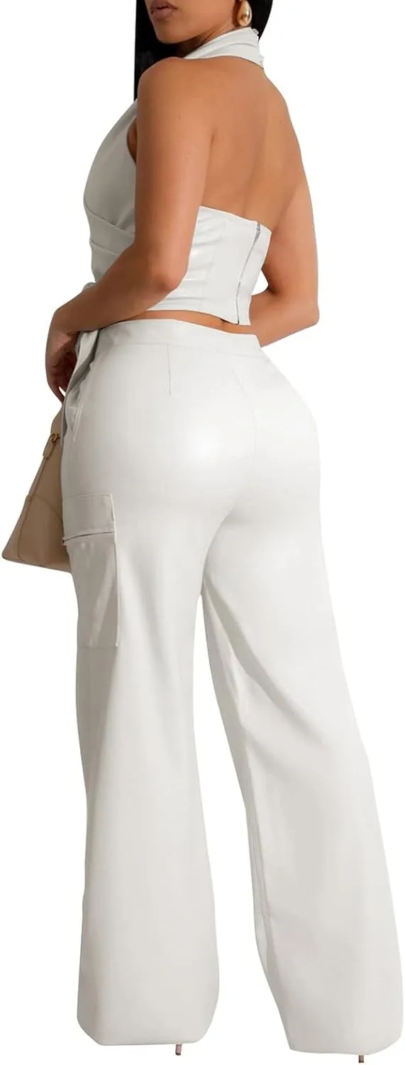 WOKANSE Womens PU Leather Stretchy 2 Piece Outfit Belted Sleeveless Halter Tops and Straight Leg Pants Set with Pocket