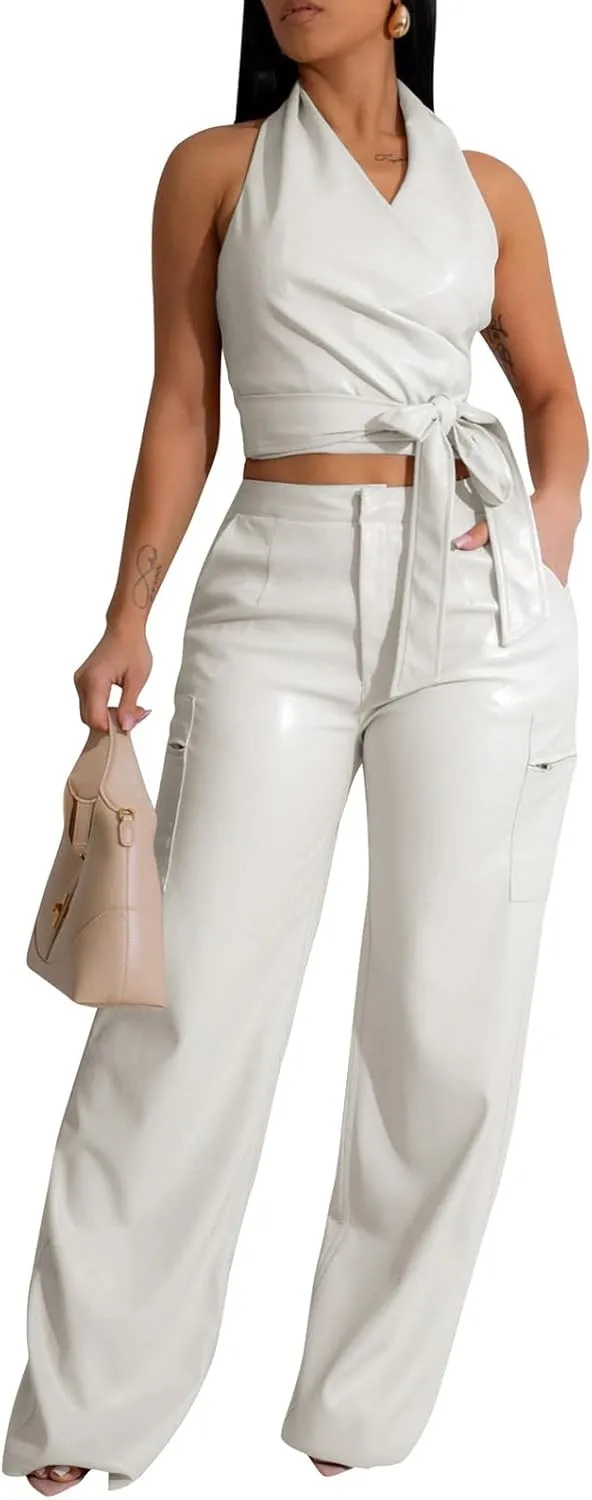 WOKANSE Womens PU Leather Stretchy 2 Piece Outfit Belted Sleeveless Halter Tops and Straight Leg Pants Set with Pocket