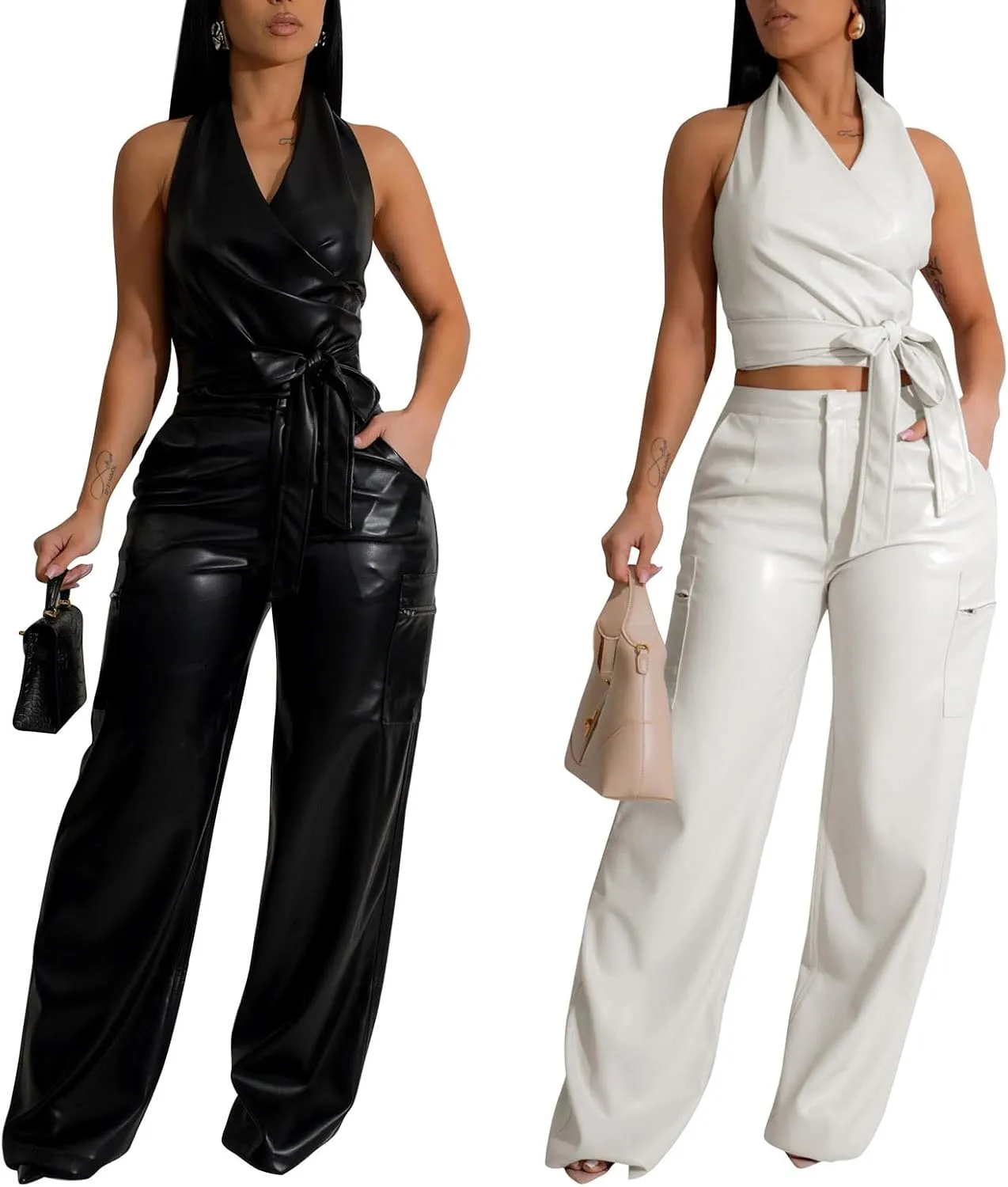 WOKANSE Womens PU Leather Stretchy 2 Piece Outfit Belted Sleeveless Halter Tops and Straight Leg Pants Set with Pocket