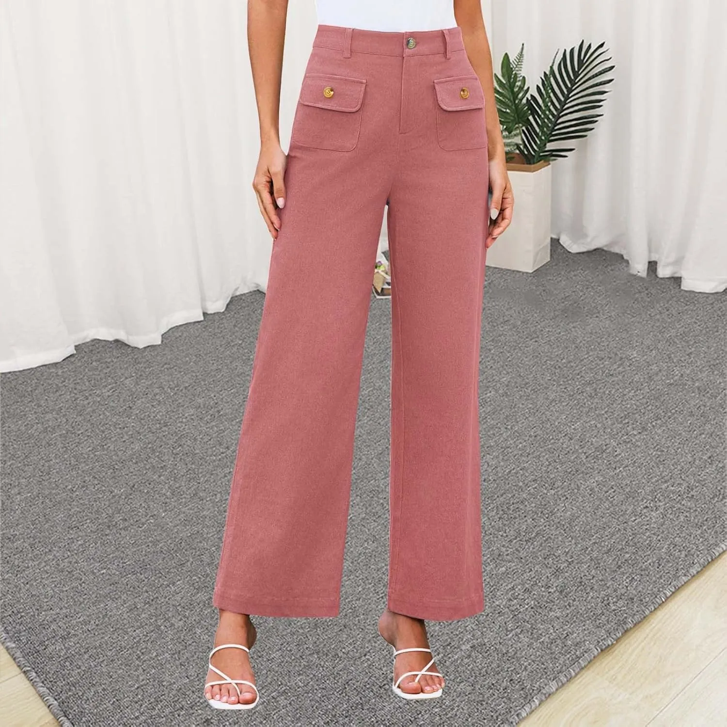Women High Waist Wide Leg Pants Stretchy Solid Color Tummy Control Trousers Business Work Casual Pants with Pockets