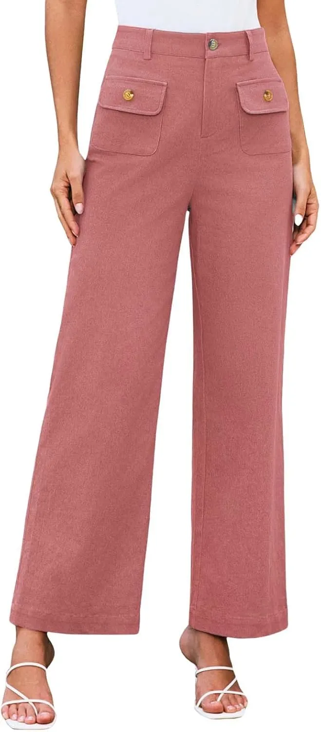 Women High Waist Wide Leg Pants Stretchy Solid Color Tummy Control Trousers Business Work Casual Pants with Pockets
