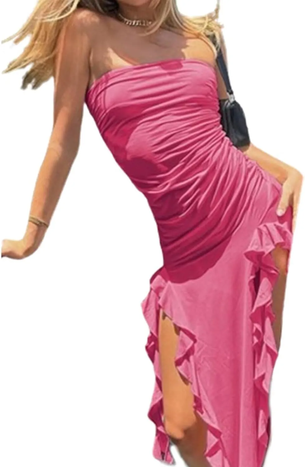 Women Sexy Strapless Ruffle Dress Ruched Split Thigh Asymmetric Bodycon Y2K Dress