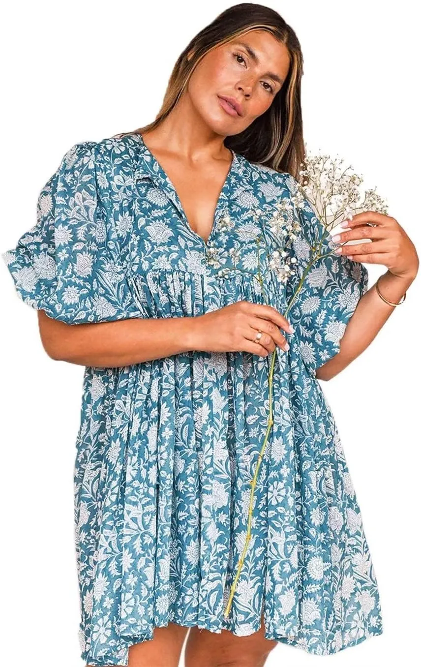 Women Summer Bohemian Floral Shirt Dress Cover Up Beach Dress Half Sleeve Mini Dress