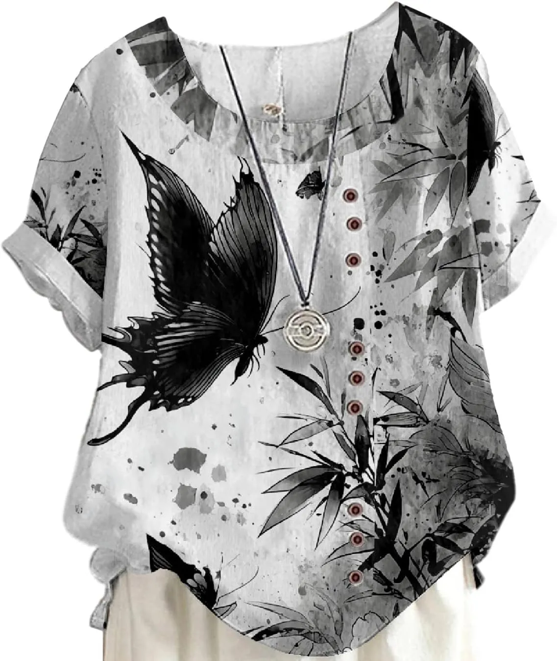Women's Boho Floral Print Oversized Short Sleeve Blouse Ladies Crewneck Cotton Linen Blend Casual Button Tunic Tops