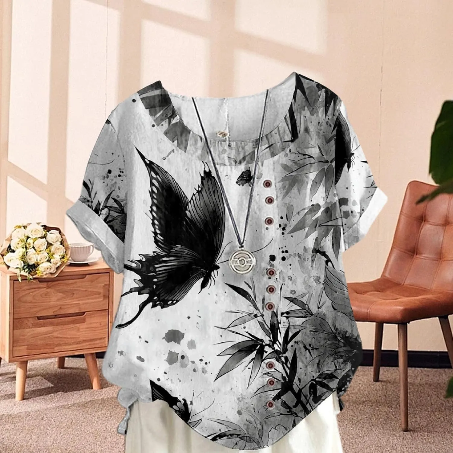 Women's Boho Floral Print Oversized Short Sleeve Blouse Ladies Crewneck Cotton Linen Blend Casual Button Tunic Tops