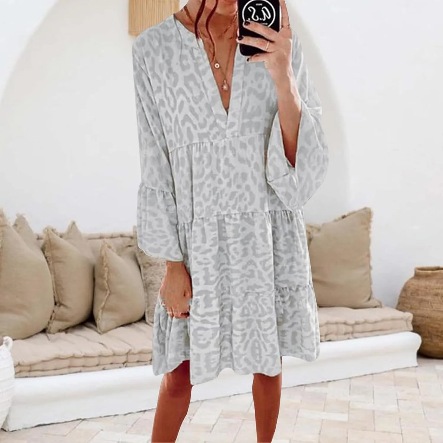 Women's Boho Tshirt Dress Casual V Neck Long Sleeve Tunic Dresses Trendy Pleated Beach Vacation Dress