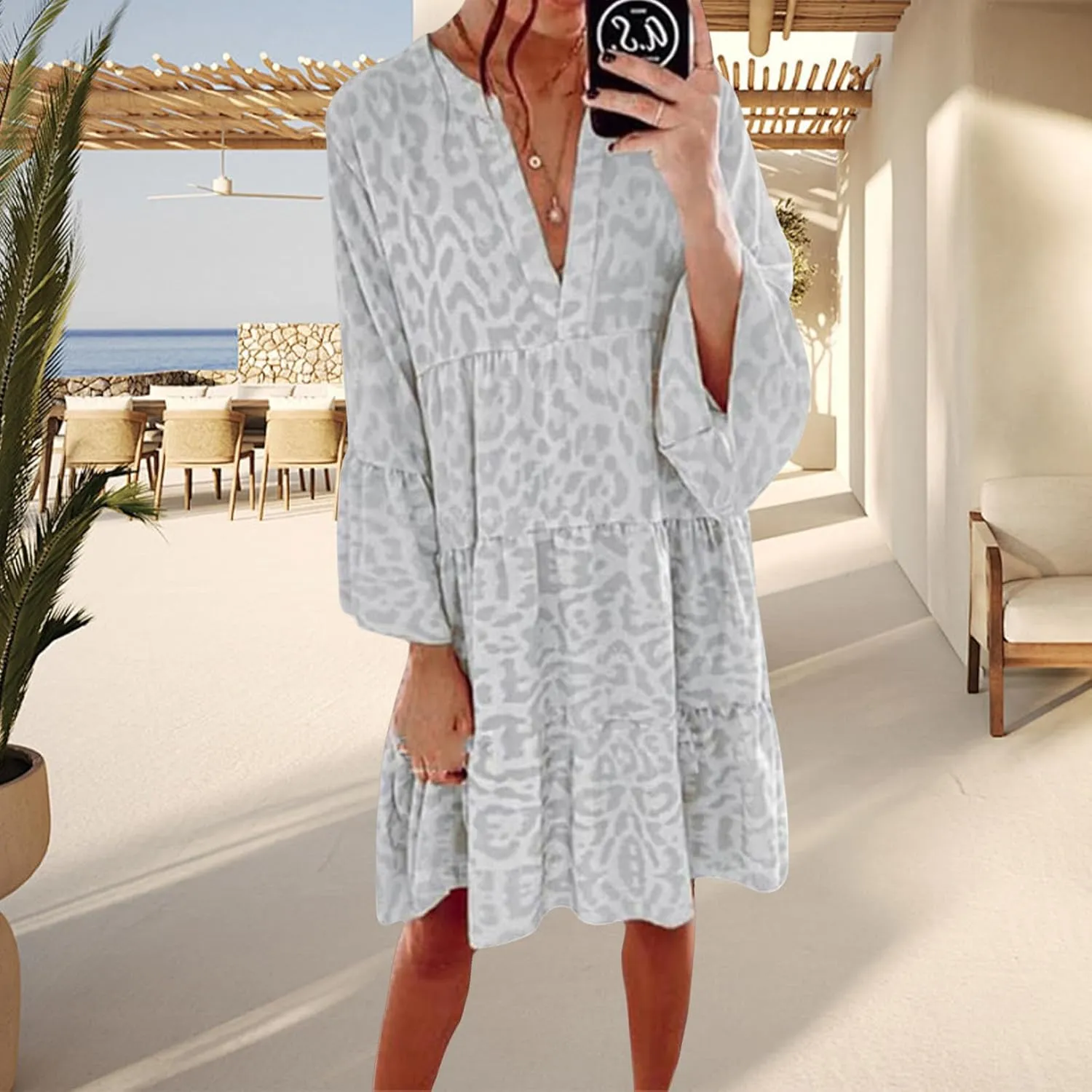Women's Boho Tshirt Dress Casual V Neck Long Sleeve Tunic Dresses Trendy Pleated Beach Vacation Dress