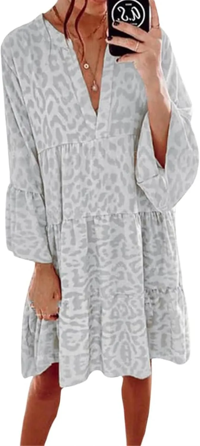 Women's Boho Tshirt Dress Casual V Neck Long Sleeve Tunic Dresses Trendy Pleated Beach Vacation Dress
