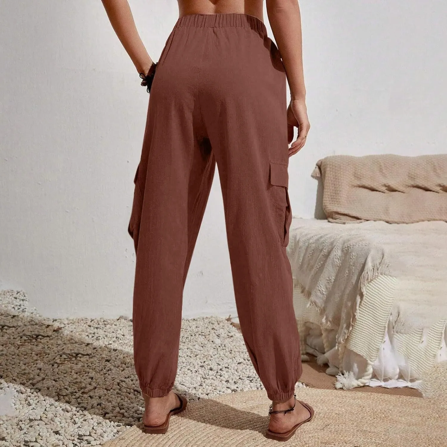 Womens Cargo Pants Summer Elastic High Waisted Lounge Jogger Pant Lightweight Adjustable Drawstring Harem Pants