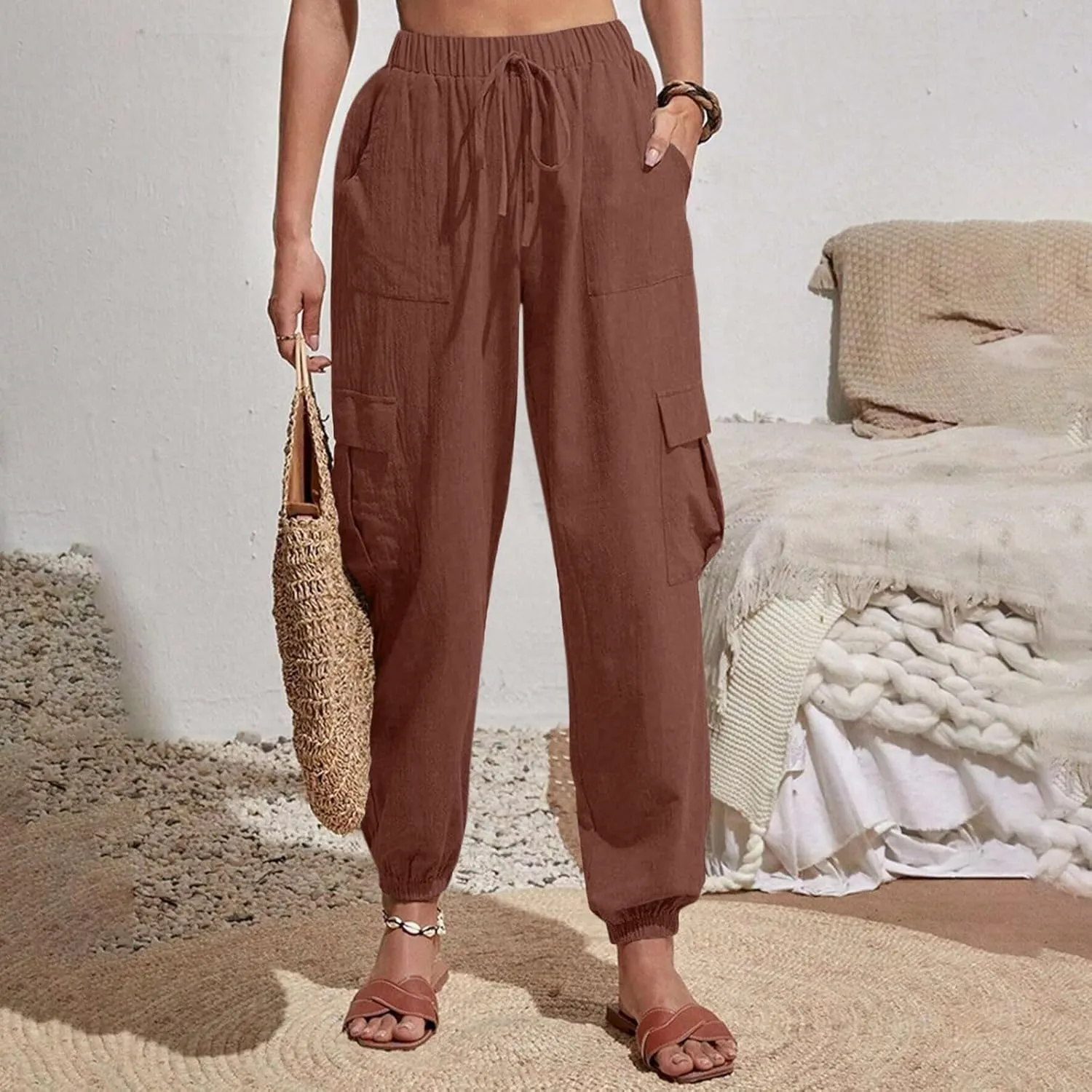 Womens Cargo Pants Summer Elastic High Waisted Lounge Jogger Pant Lightweight Adjustable Drawstring Harem Pants