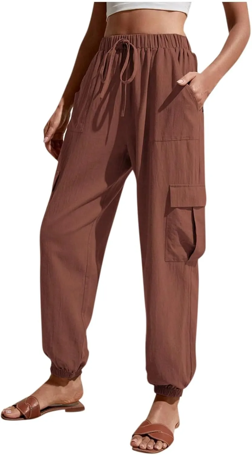 Womens Cargo Pants Summer Elastic High Waisted Lounge Jogger Pant Lightweight Adjustable Drawstring Harem Pants