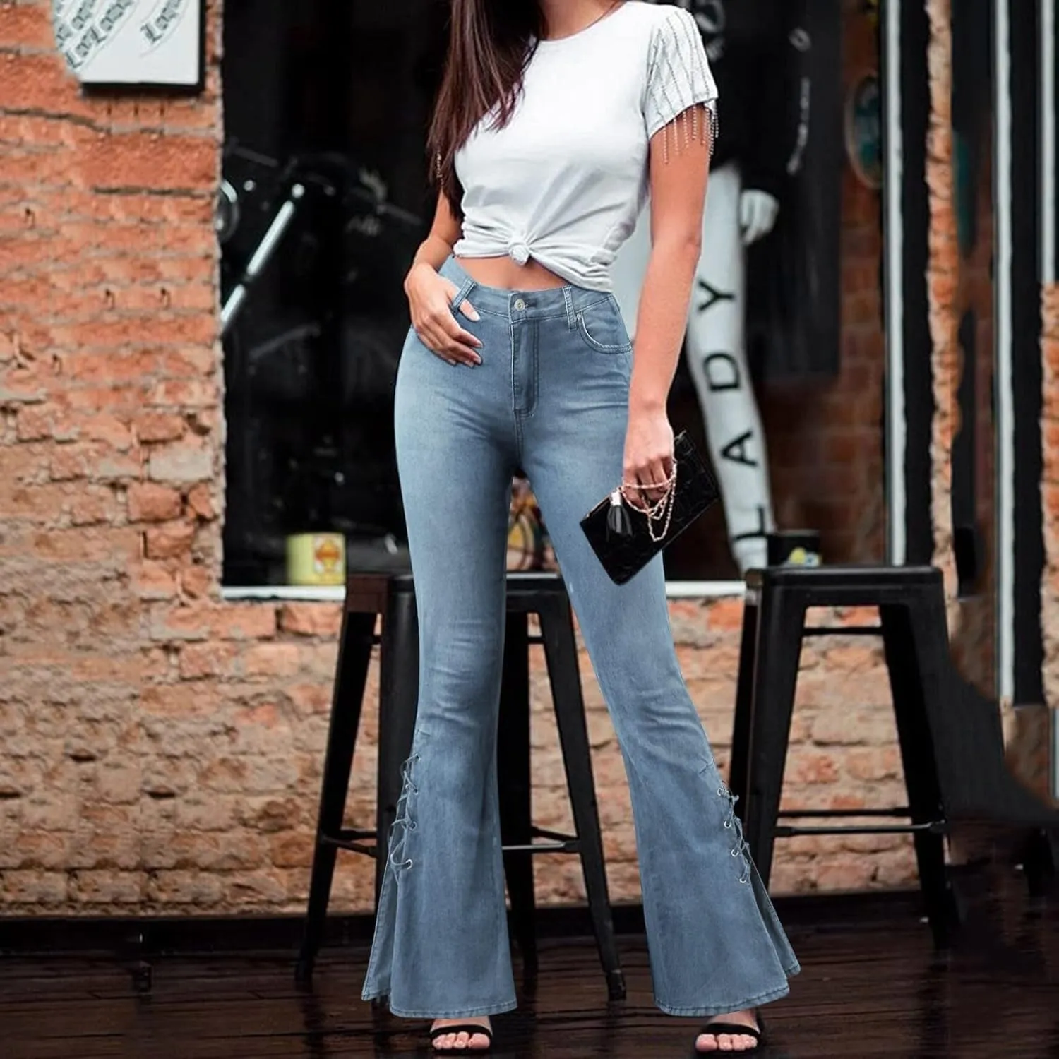Womens Casual Straight Leg Jeans Classic Stretch Wide Leg Jeans Casual Pull On Ripped Boyfriend Jeans
